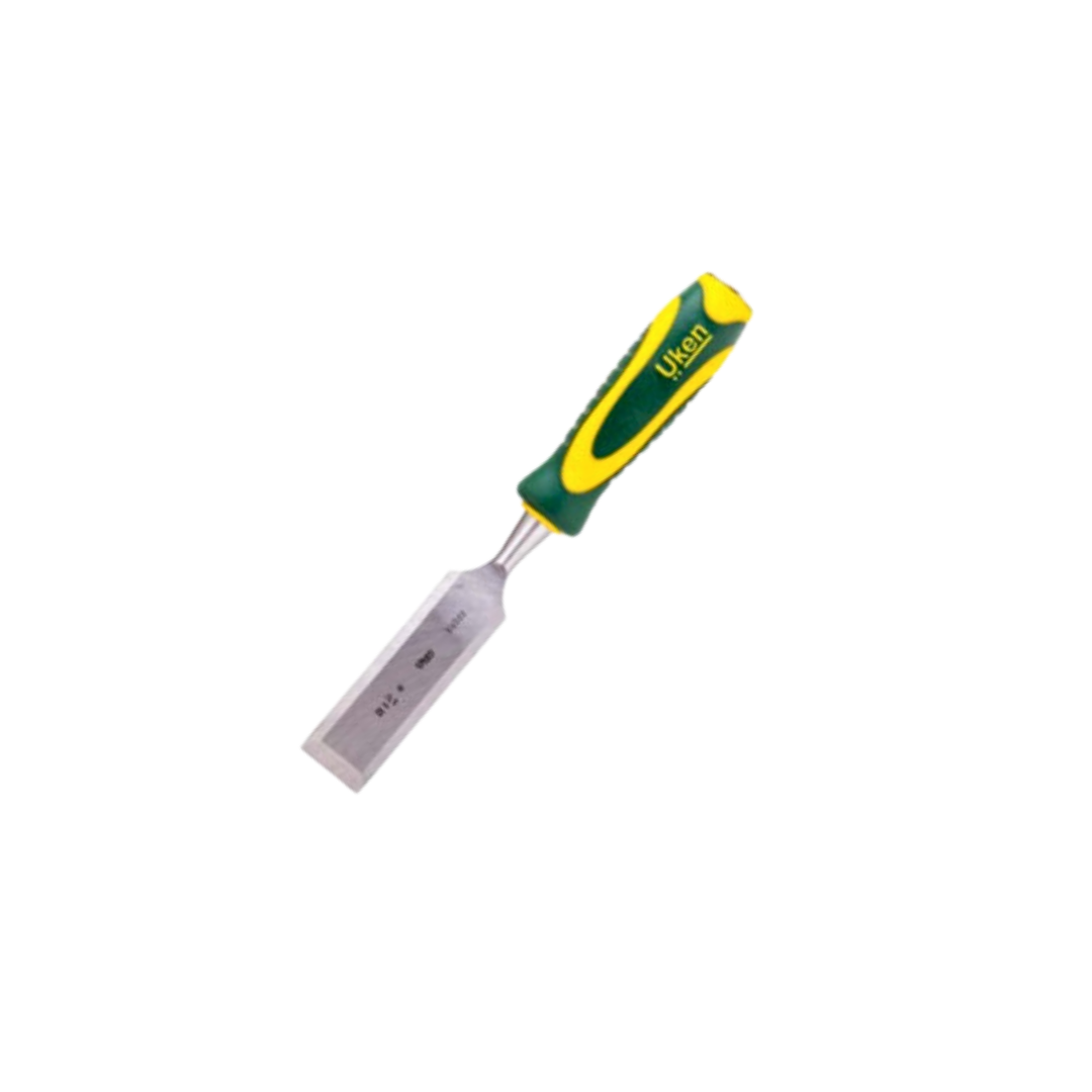 A straight chisel with a green and yellow TPR handle and a silver-colored blade.
