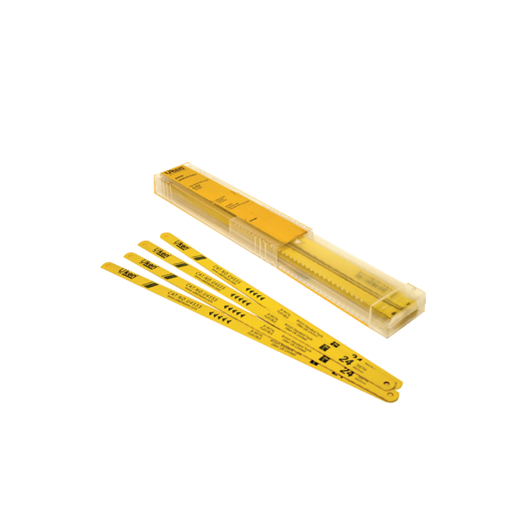 A set of yellow hacksaw blades with black markings, accompanied by an open yellow and black packaging.