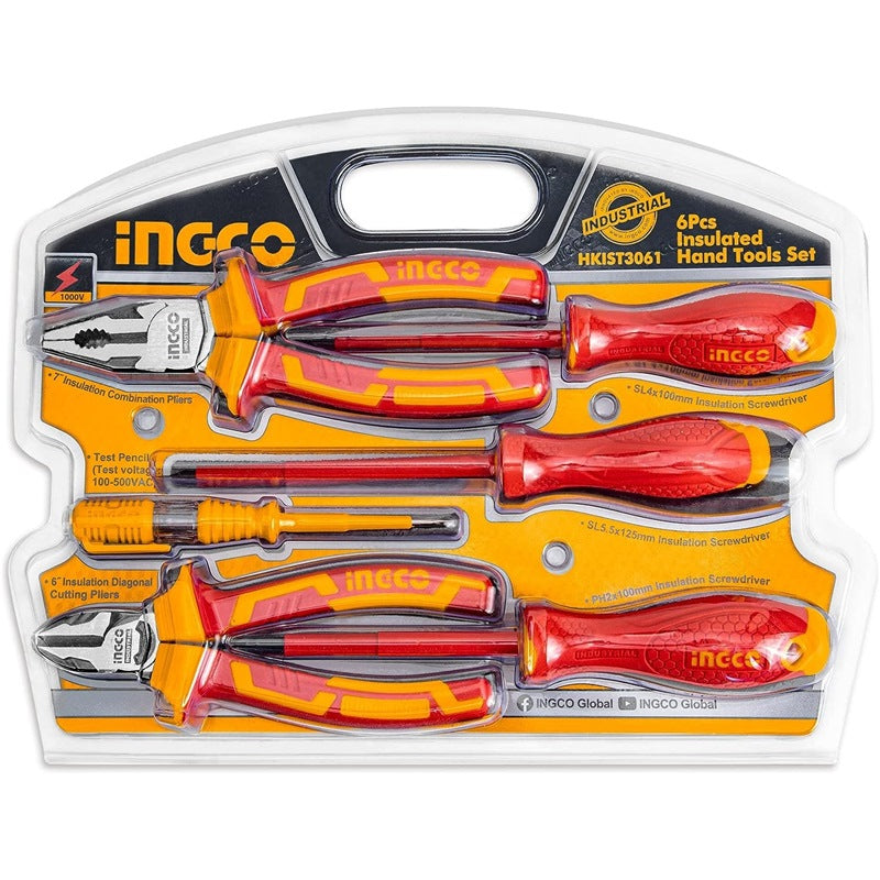 Packaged set of INGCO insulated hand tools on a white background