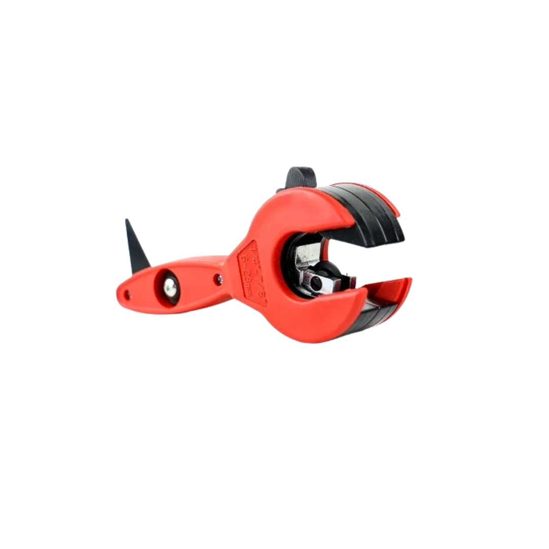 A red ratcheting tube cutter with a black handle and blade.