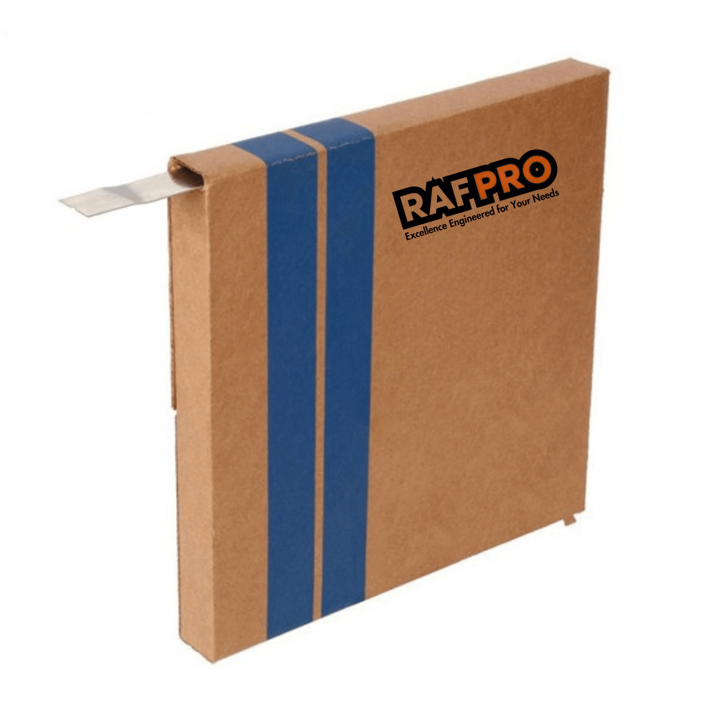 Cardboard box with blue tape and RAFFPRO logo on a white background