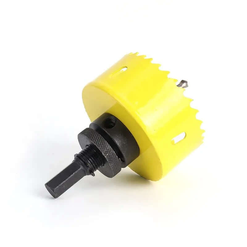 Yellow drill bit with black handle on a white background