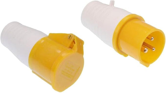 Two yellow and white electrical connectors on a white background