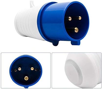 Blue electrical plug with white base on a white background