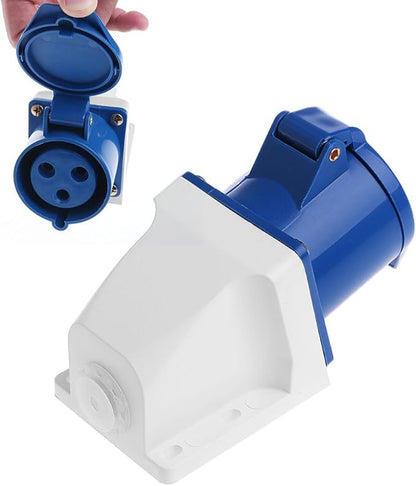 Blue and white electrical connector on a white background