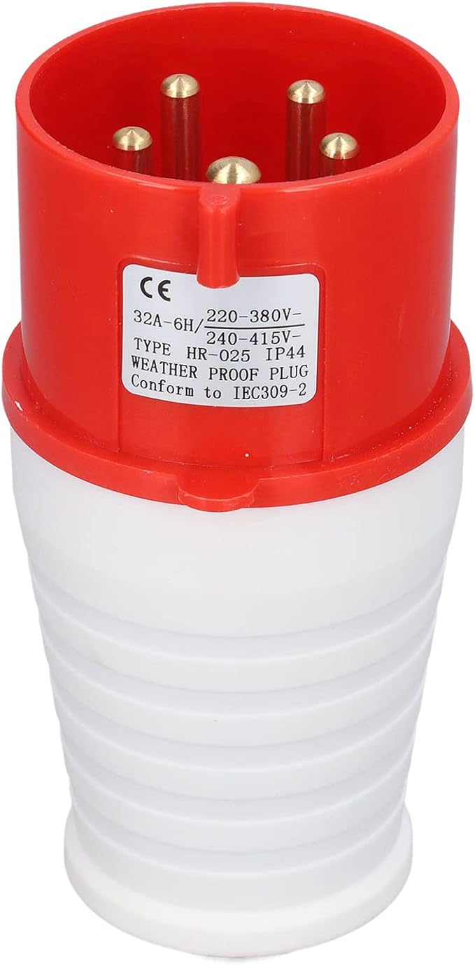 Red and white electrical plug with visible CE marking on a white background
