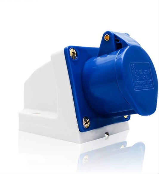 Blue and white electrical socket on a white background