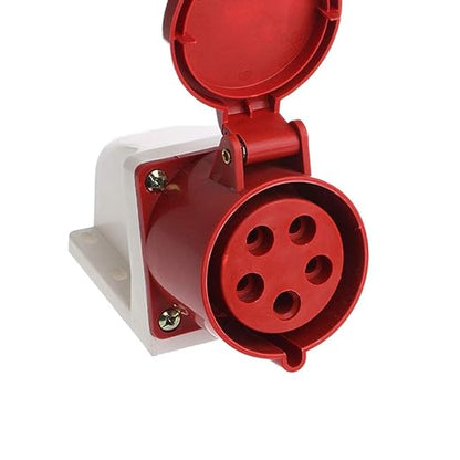 Red electrical socket with white base on a white background