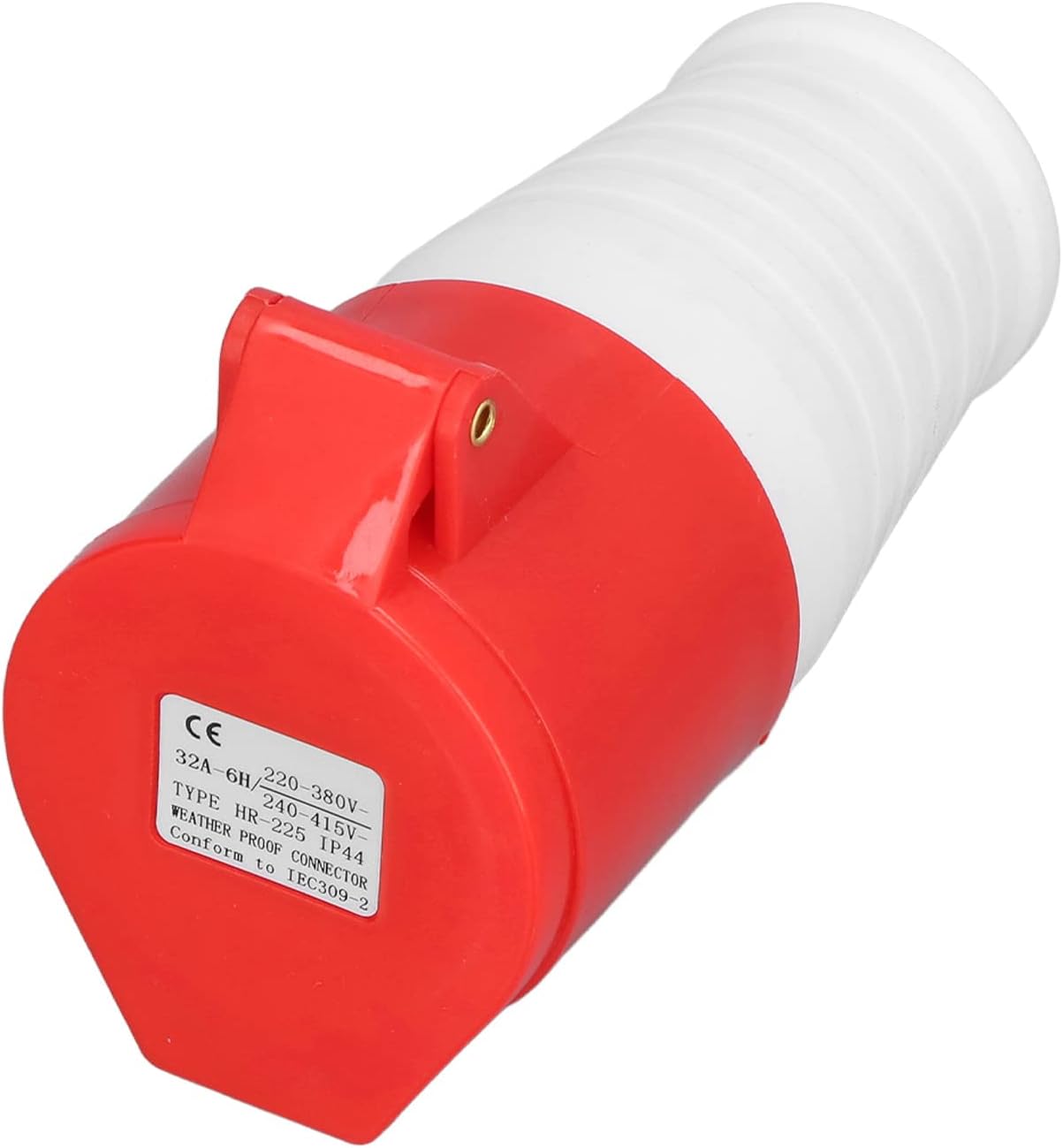 Red and white cylindrical electrical component with CE label on a white background