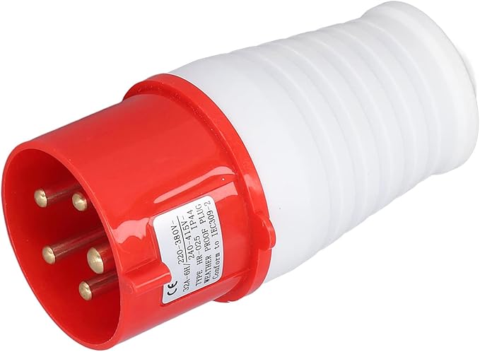 Red and white electrical plug on a white background