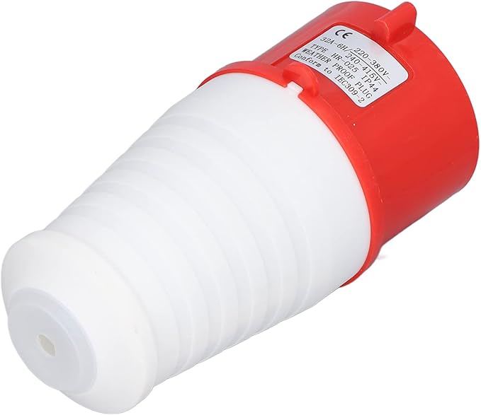 Red and white cylindrical device with a label on a white background
