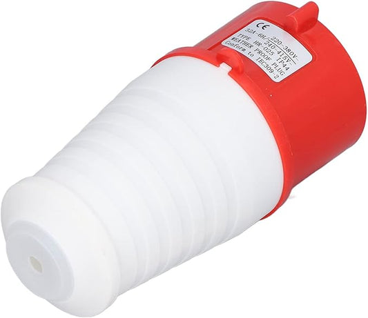 Red and white cylindrical device with a label on a white background