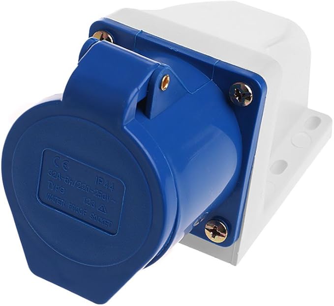 Blue and white electrical connector on a white background