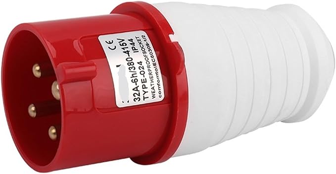 Red and white electrical plug with visible certification label on a white background