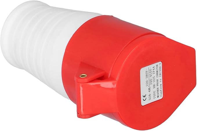 Red and white electrical plug with a visible CE label on a white background