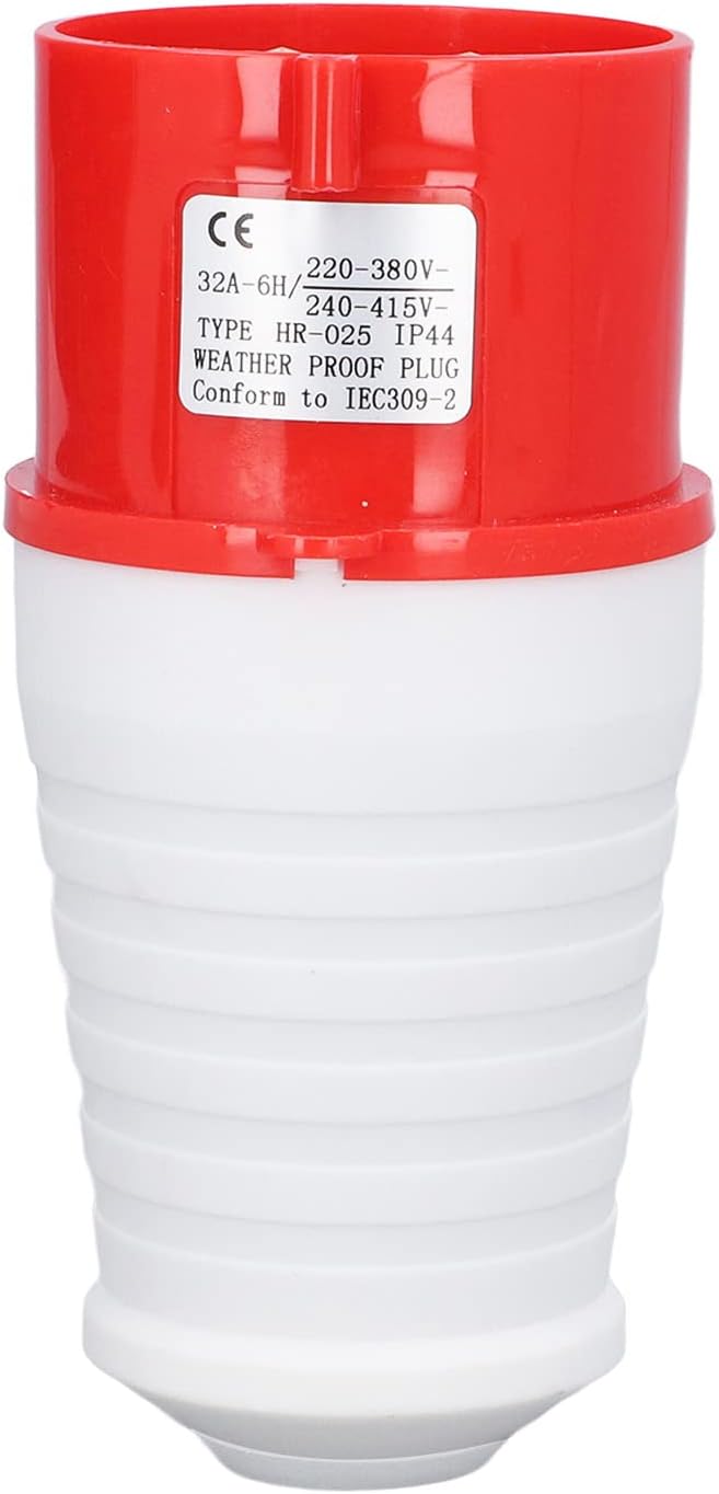 Red and white weatherproof plug with CE marking on a white background