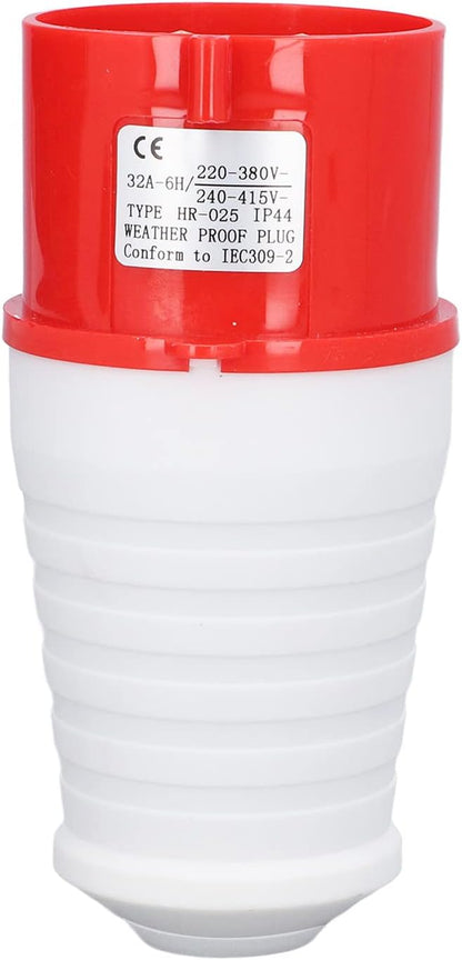 Red and white weatherproof plug with CE marking on a white background