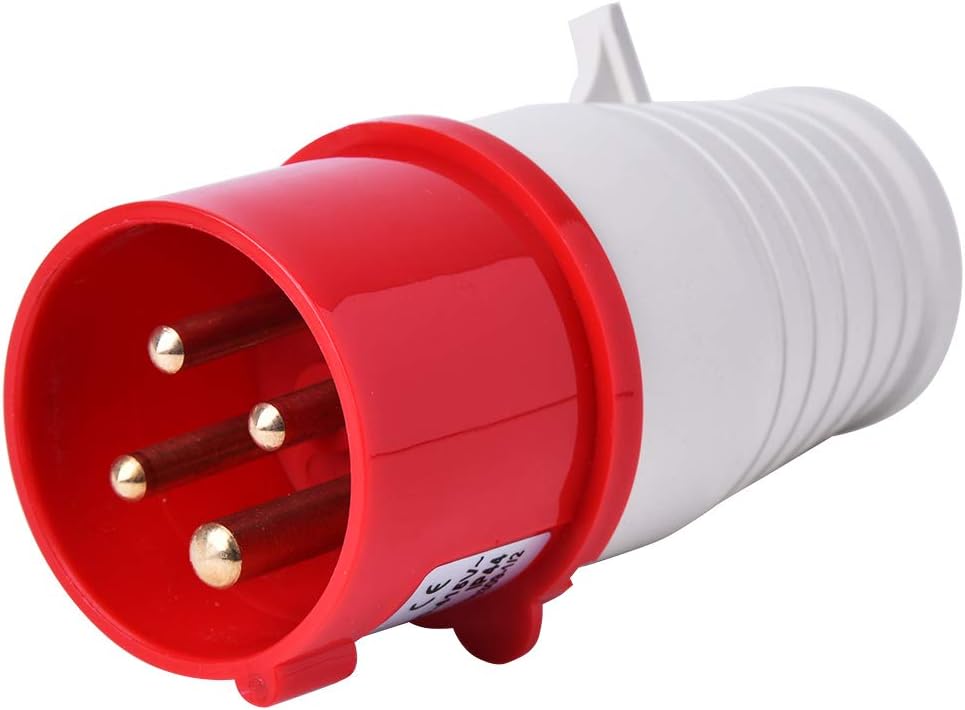 Red and white electrical plug on a white background