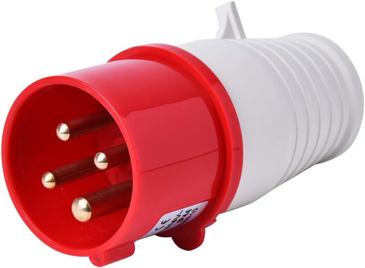 Red and white electrical plug on a white background