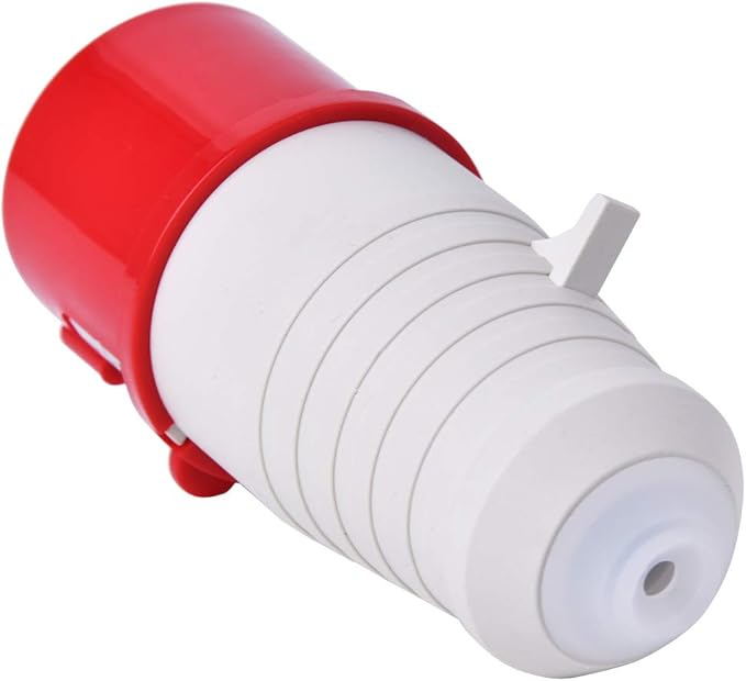 Red and white cylindrical filter on a white background