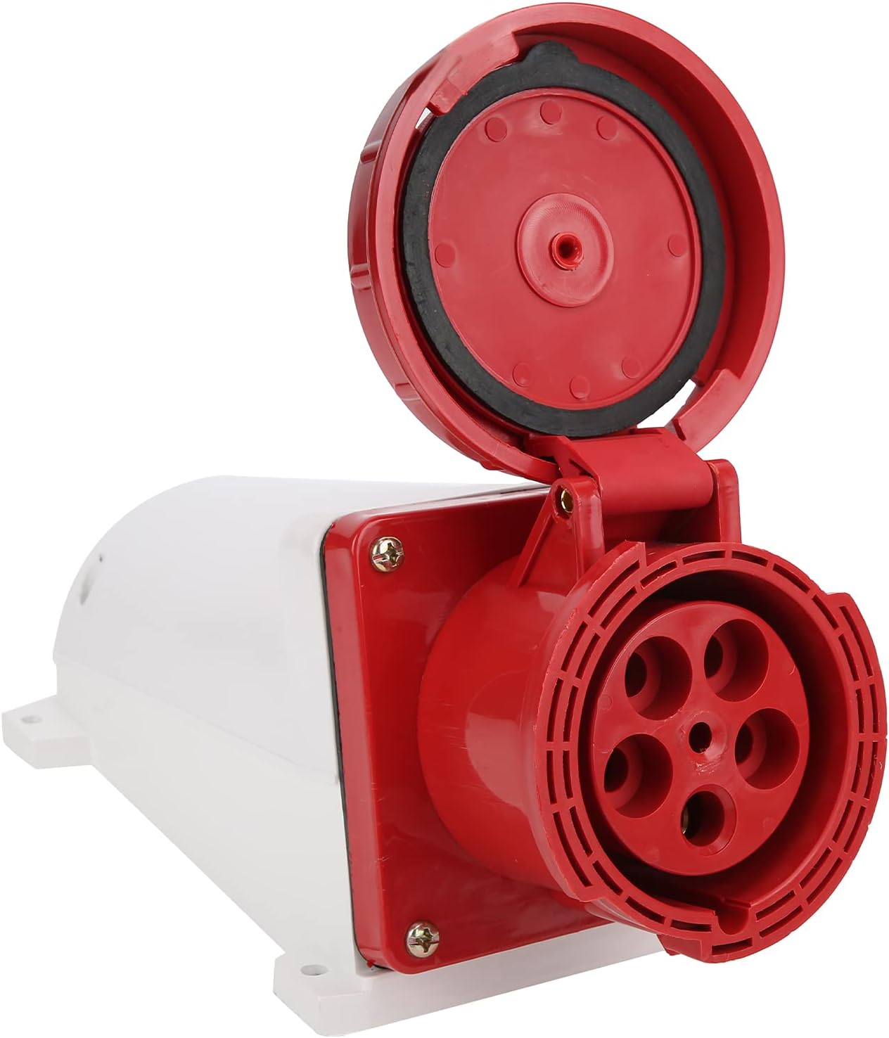 Red and white electrical connector on a white background