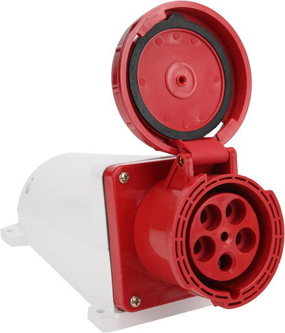 Red and white electrical connector on a white background