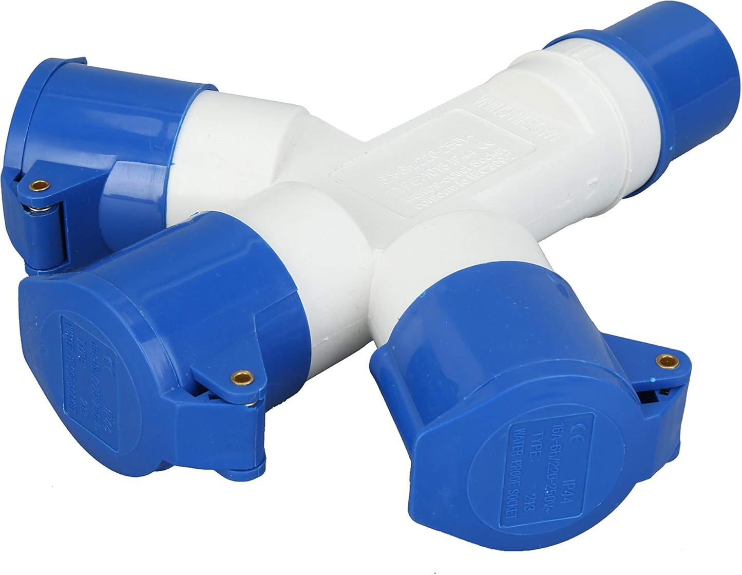 Blue and white plastic fitting on a white background