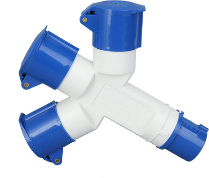 White and blue plastic plumbing fitting on a white background
