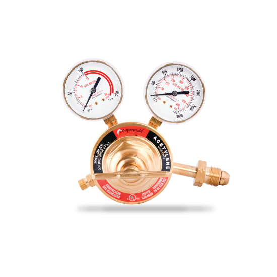 Brass pressure gauge with two dials on a white background