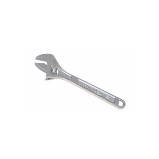 A silver adjustable wrench with a shiny finish and a marked scale.