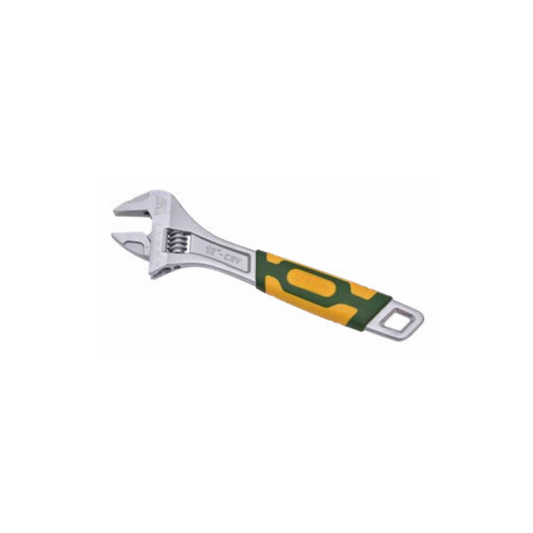 A silver-colored adjustable wrench with a yellow and green TPR handle.