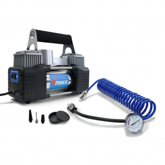 Portable air compressor with blue hose and tools on a white background