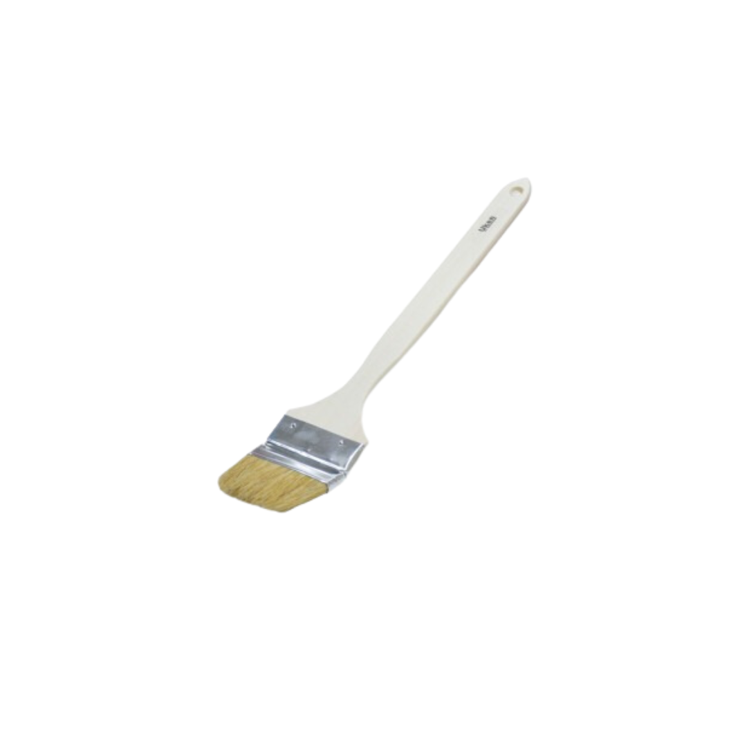 A paint brush with a long white handle and a flat synthetic bristle head.