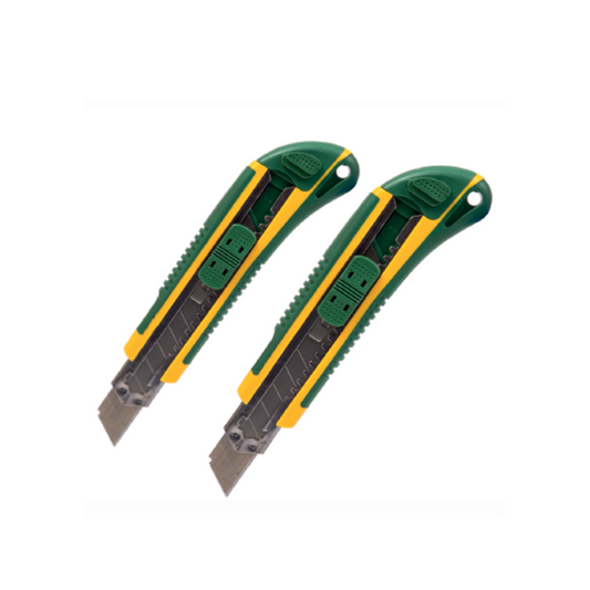 Two utility knives with green handles, yellow accents, and stainless steel blades.