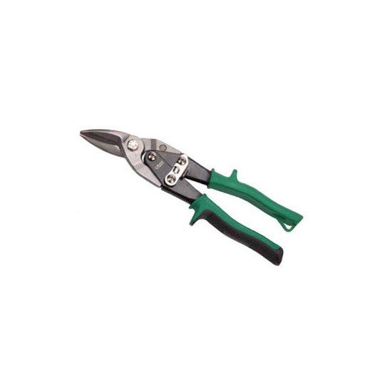 A pair of green-handled aviation snips with black and silver blades.