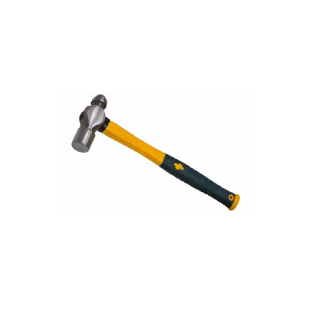 A yellow and black ball pein hammer with a polished head and a fiber TPR handle.