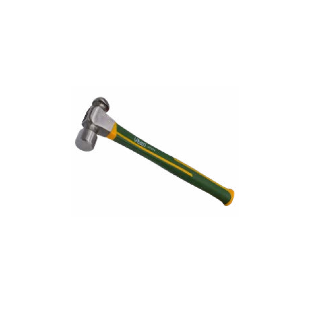 A ball pein hammer with a green and yellow fiberglass handle and a polished metal head.