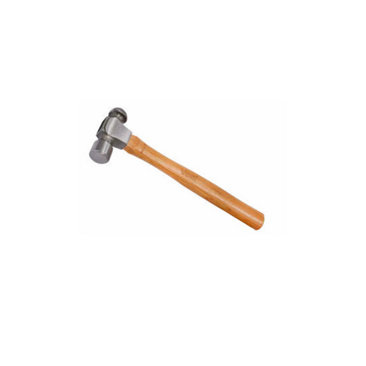 A ball pein hammer with a hickory wooden handle and a polished metal head.