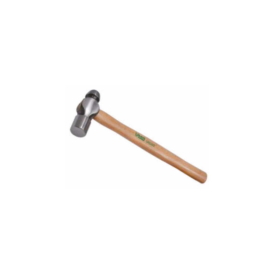 A ball pein hammer with a wooden handle and a metallic head.