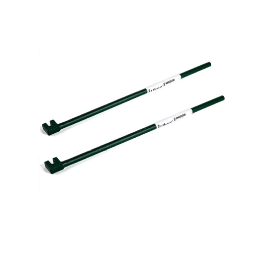A pair of green barbending keys, used for bending barbed wire, with measurements marked on them.
