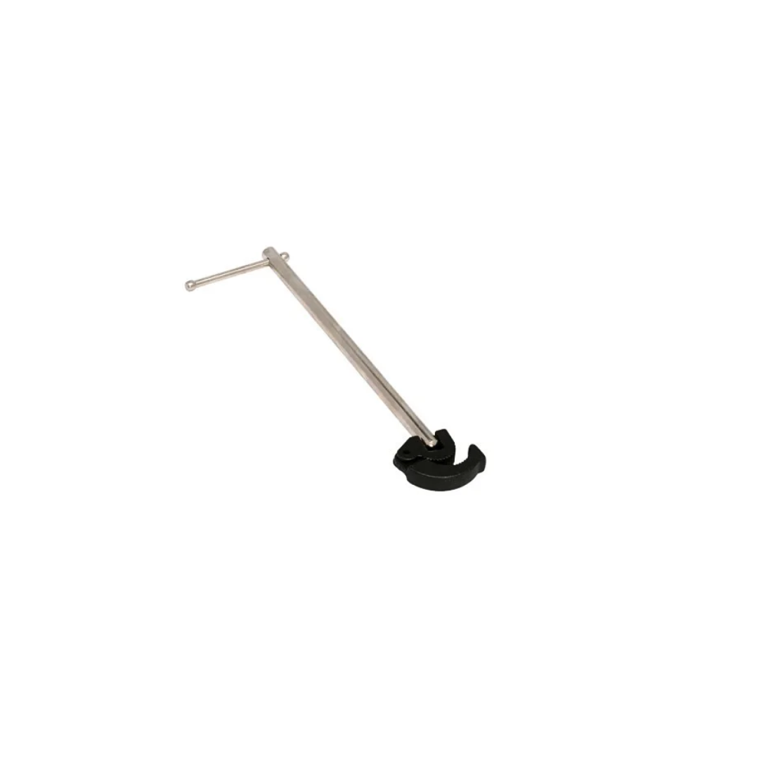A long basin wrench with a solid steel handle and a spring-loaded jaw, primarily used for working in tight spaces.