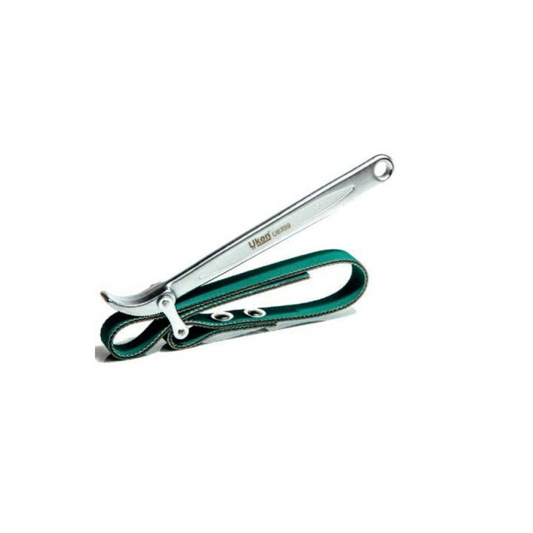 A green and silver belt wrench with a chrome plated body and carbon steel handle.