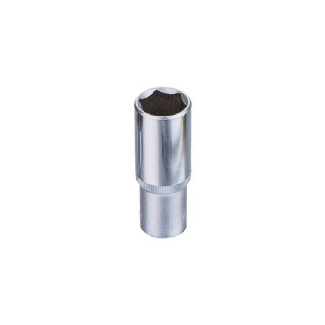 A chrome-plated, mirror-finished, six-point deep socket tool.