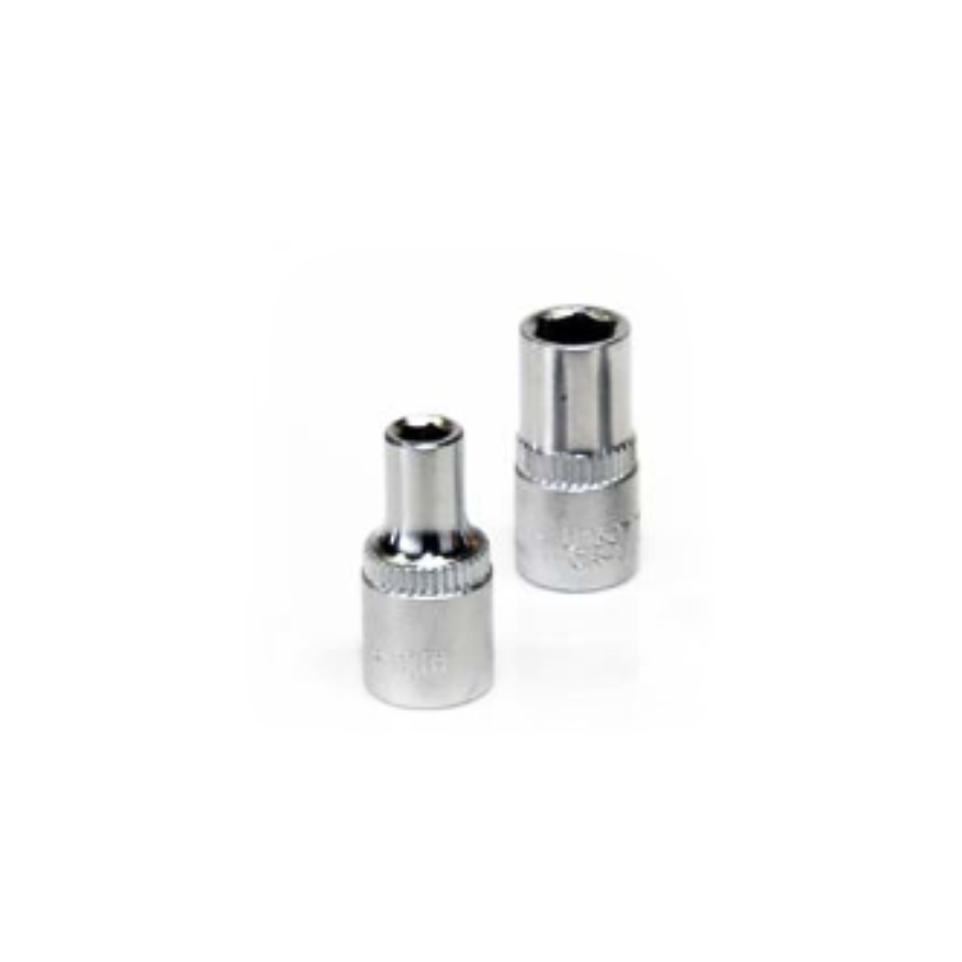 A set of chrome-plated, 12-point sockets for a 1/4 inch drive tool, displayed in two rows with mirror finish.
