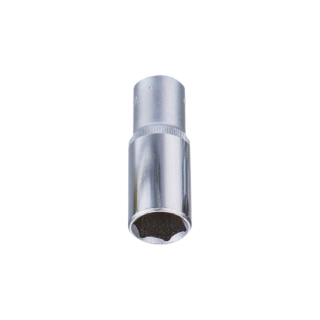 A chrome-plated, 1/4 inch drive, 6-point deep socket tool.