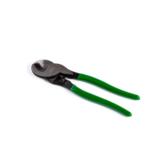 A pair of green-handled cable cutters with metal blades.