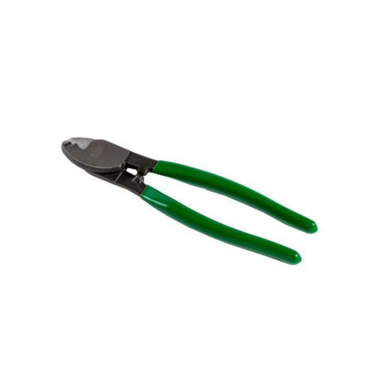 A pair of green-handled cable cutters with black blades.