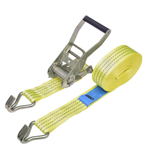 Yellow ratchet strap with metal ratchet handle on a white background