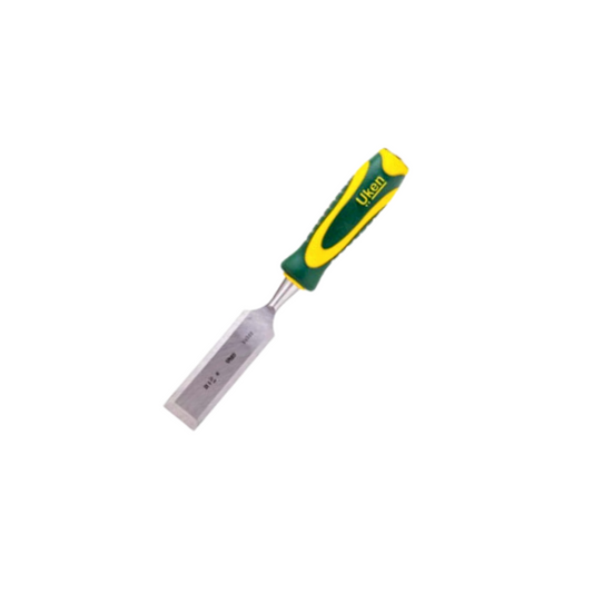 A straight chisel with a green and yellow TPR handle and a silver-colored blade.