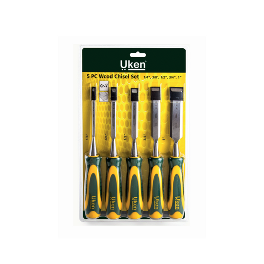 A set of 5 Uken carpenter chisels with green and yellow ergonomic grip handles, displayed in a packaging with sizes marked for each chisel.